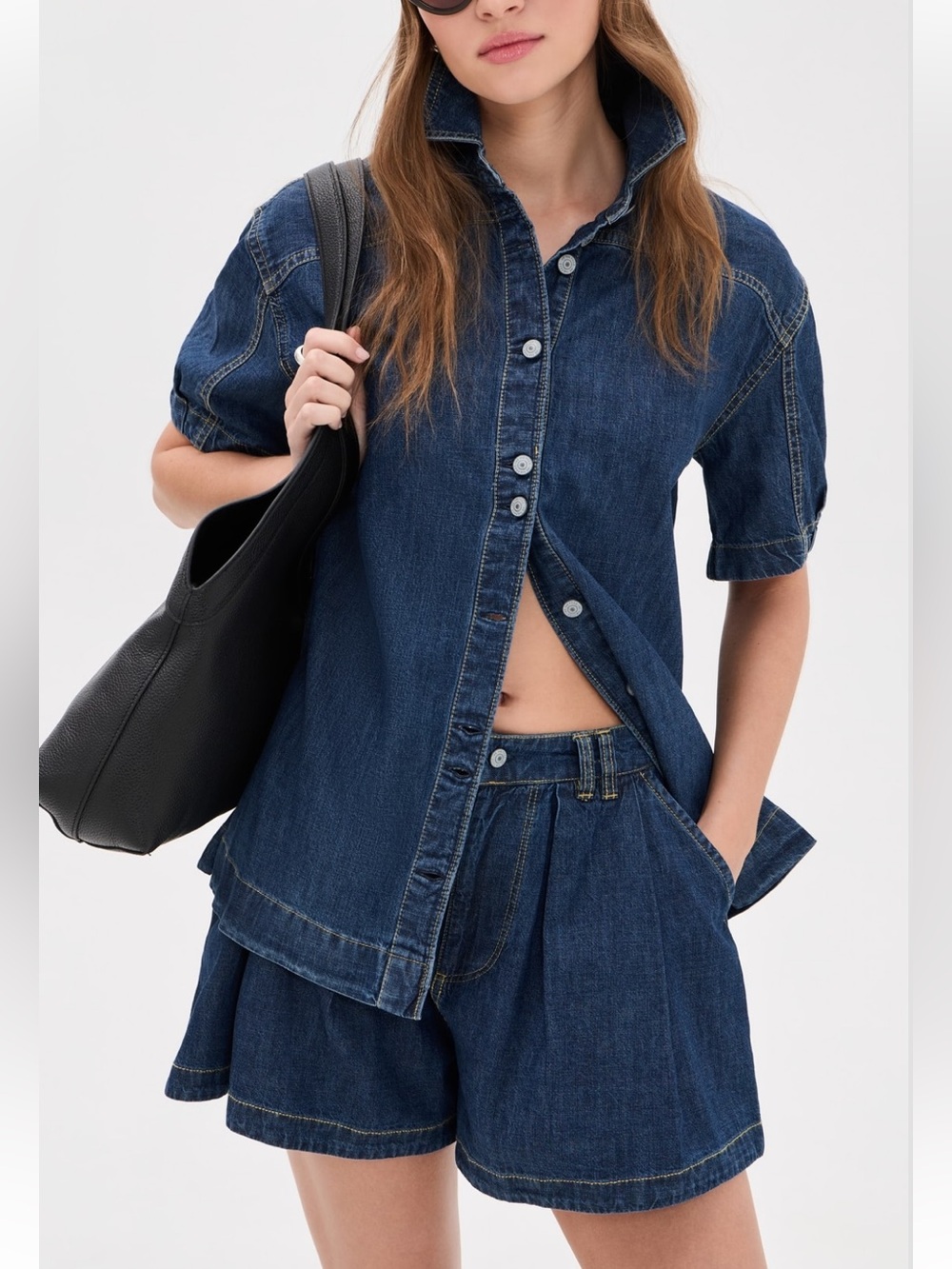 Free People Griselda Denim Button Down and Shorts Set
